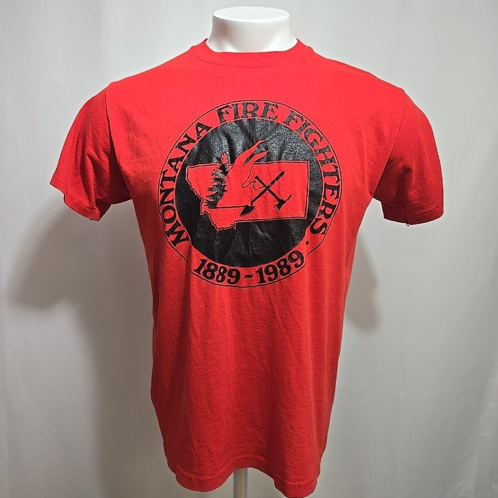 VTG 80s Montana Firefighters Single Stitch Tee Size Large Red 100th Anniversary